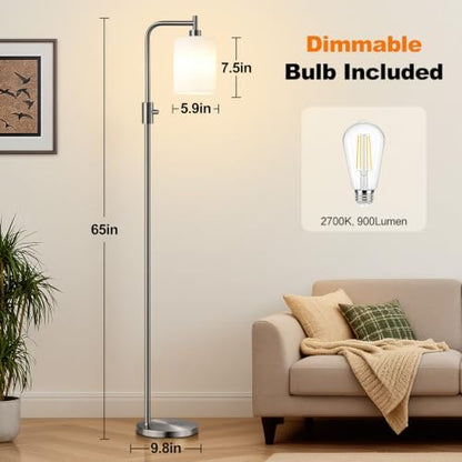 【Upgraded】 Dimmable Floor Lamp for Living Room with Opal Glass Lampshade, Brushed Nickel Modern Floor Lamp with 900LM LED Bulb Included, Standing Tall Lamp for Bedroom, Office, Reading Room, Corner