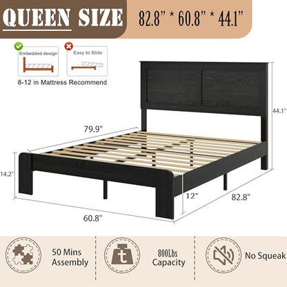 Wooden Bed Frame Queen Size with Headboard, Farmhouse Platform Bed