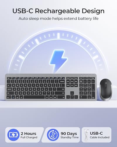 seenda Rechargeable Wireless Keyboard and Mouse Combo, Gray & Black