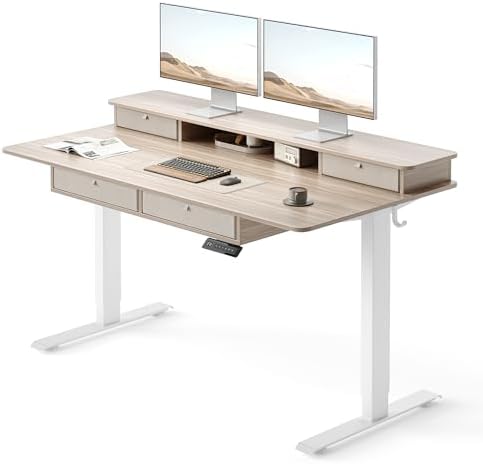 FEZIBO 55 x 30 inch Standing Electric Desk with Drawers, Light Rustic Brown