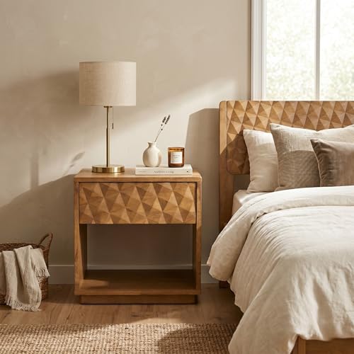 Sapa Solid Wood Nightstand with 3D Carved Drawer Front – Modern Bedside Table with Open Shelf, Easy Assembled - Teak Look