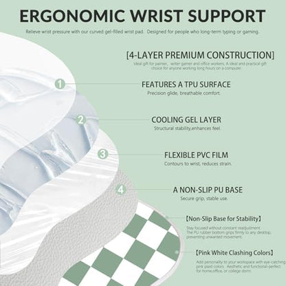 Gel Mouse Pad with Wrist Rest for Mouse Ergonomic Mouse Wrist Rest Non-Slip Silicone Checkered Mousepad with Wrist Support for Computer Desk Gaming Laptop Home Office Desk Accessories Green Plaid