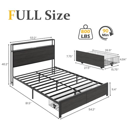 Full Bed Frame with Charging Station, LED Lights, 2 Drawers, Rustic Grey