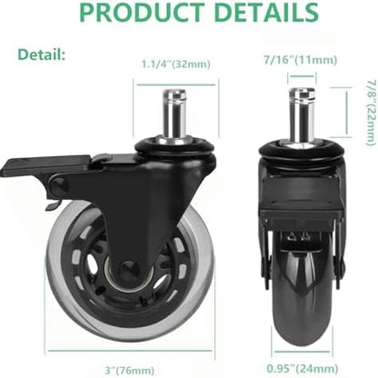 8T8 3" Office Chair Caster Wheels with Brakes Heavy Duty, Set of 5,Replacement Universal Rolling Chair Wheels for Hardwood Floors Carpet, Rubber Desk&Gaming Chair Casters with Locks