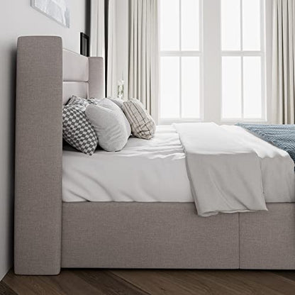Queen Size Lift Up Hydraulic Storage Bed Frame Light Beige