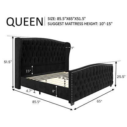 Queen Size Bed Frame with Velvet Upholstered Wingback Headboard