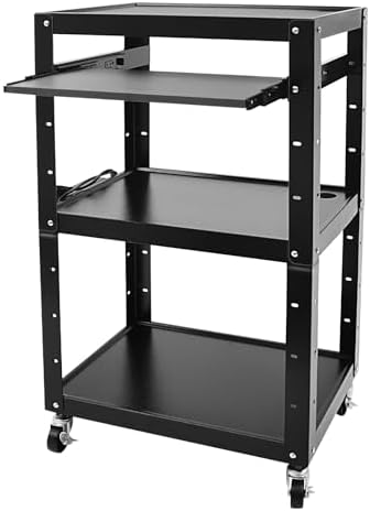 Steel AV Cart on Wheels Rolling Media Carts with Height Adjustable Shelf Metal Presentation Cart with Keyboard Tray Computer Workstation for Office Classroom