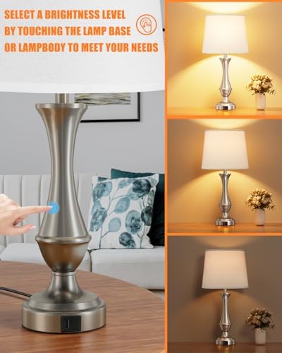Seealle Upgraded Touch Lamps for Night Stands Set of 2 - Bedside Lamps with USB C+A, 3 Way Dimmable for Bedroom Living Room End Tables Office (White&Nickel)