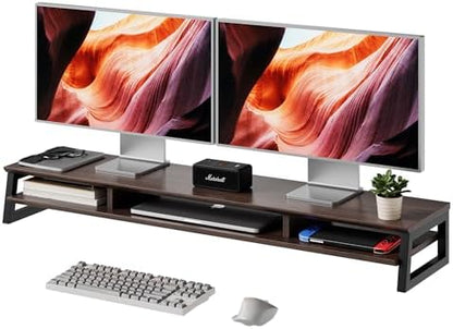 Dual Monitor Stand Riser for Desk, 41.7 Inch Large 2 Tier Computer Monitor Stand for 2 Monitors, Desktop Storage Organizer Shelf with Keyboard Space for Laptop PC Printer Brown