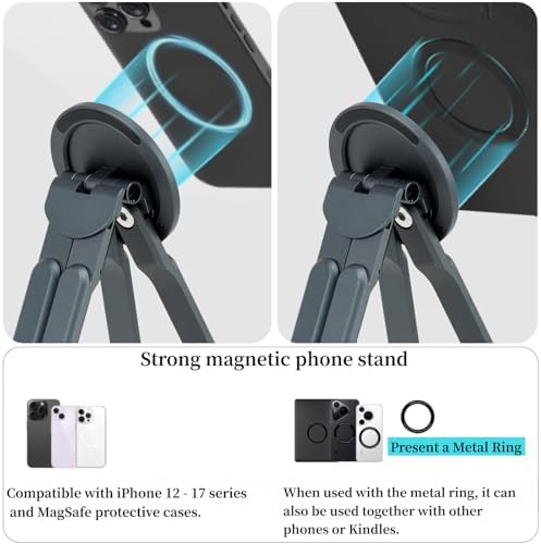 Magnetic Phone Holder & Foldable Laptop Riser, Matte Black Aluminum Multi‑Device Desk Mount, N52 MagSafe Stand, Ergonomic Laptop Elevator for MacBook iPad iPhone Travel Office