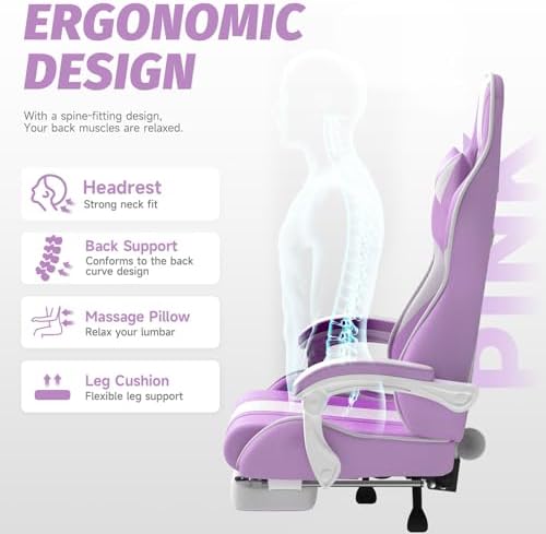 Ferghana Kawaii Light Purple Gaming Chair with Bunny Ears, Ergonomic Cute Gamer Chair with Footrest and Massage, Racing Reclining Leather Office Computer Game Chair for Girls Adults Teens Kids