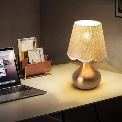 Small Table Lamp - Brass Gold Mini Table Lamps for Bedroom Vintage Decor Bedside Lamps for Night Stands Scalloped Rattan Shade Desk Lamp for Kids Room, Living Room, College Dorm, Home, Kitchen
