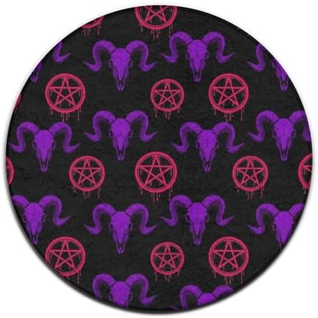 Soft Round Yoga Carpet, Large Home Decor Mat, Non Slip Machine Washable Kitchen Office Circle Rug Mystical Ram Skull, 36inch