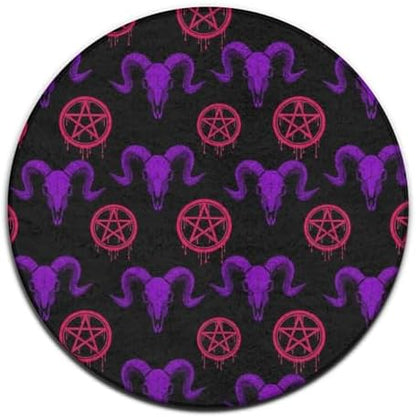 Soft Round Yoga Carpet, Large Home Decor Mat, Non Slip Machine Washable Kitchen Office Circle Rug Mystical Ram Skull, 36inch