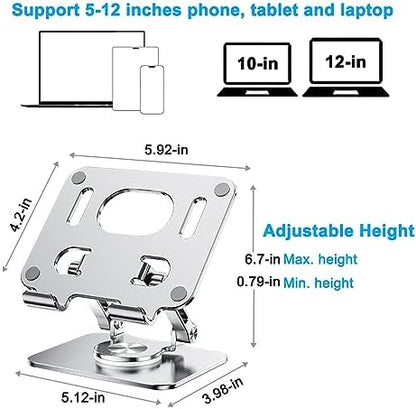 DCHAV Foldable Adjustable Drawing Tablet Stand for Desk iPad Holder Laptop Computer Riser 360 Rotating Ergonomic Aluminum Raised Table for Portable Monitor Phone 5-12 Inch Notebook, Silver