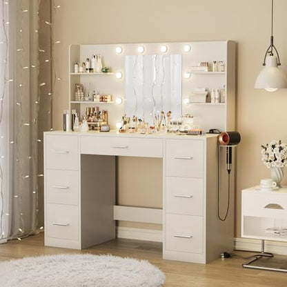 Vanity Desk with LED Mirror,Power Outlet,7 Drawers Makeup Table