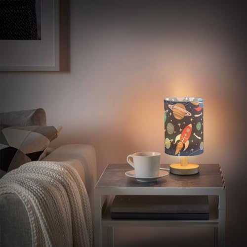 Bedside Lamp Space Cute Rockets Planets Table Lamp for Bedroom LED Nightstand Lamp Shade USB Ports Wood Base for Living Room Dorm Office