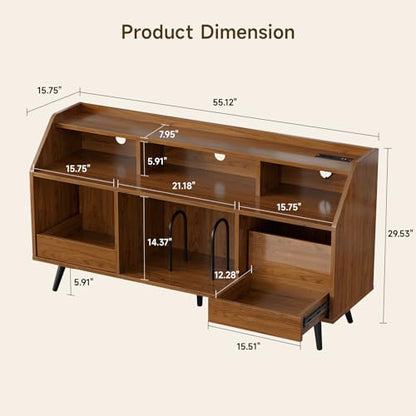 55 Inch Record Player Stand with LED Light, Walnut