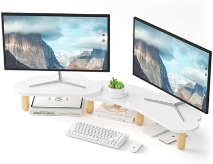 AFOOYO Dual Monitor Stand Riser,Rainbow Cloud Desktop Computer Stand for 2 Monitors,Adjustable Length and Angle Multifunctional Desktop Organizer Stand for Laptop, PC, Computer, Printer,White