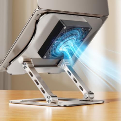 Laptop Cooling Stand Adjustable Ergonomic Riser Support with Fan and Metal Mesh Plate for Stable Desktop Tasks Suitable for Office Study Gaming Travel, Gray, Rotatable with Cooling Fan