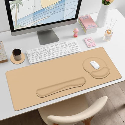 4 PCS Mouse Pad Desk Mat Protector, Keyboard Wrist Rest + Comfortable Mouse Pad Wrist Rest +Coaster, Large Gaming Mousepad for Computer Laptop, 35.4"X 15.7" Deskpad for Office Home I Sand Color