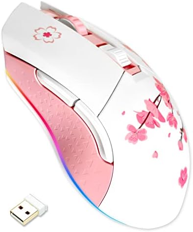 DAREU Sakura Pink Wireless Wired Gaming Mouse, Dual-Mode Rechargeable 6 Programmable Buttons,10K DPI,RGB and 7 Adjustable DPI Levels up to [150IPS] [1000Hz Polling Rate] for PC Notebook Mac