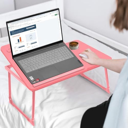 CloudTrip Plus XL Adjustable 17in Laptop Desk with Light, USB Port, iPad Holder, Drawer Storage - Larger 23.6IN Adjustable Lap Desk for Bed, Home Office, Breakfast Tray, Fordable Legs Desk (Pink)
