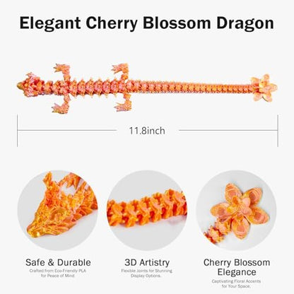 Outgoto 3D Printed Cherry Blossom Dragon – 11.8in Realistic Articulated Dragon Fidget Toy, Desk Décor and Collectible (Pink Gold)