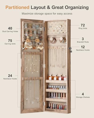 Nicetree Mirror Jewelry Cabinet, Full Length Mirror, Wall Mounted, Oak