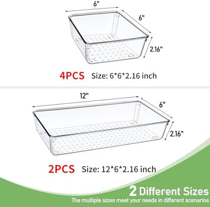 6 PCS Large Size Clear Plastic Drawer Organizer Tray, 12'' Acrylic Vanity Bathroom Drawer Organizers Trays, Desk Drawer Organizer Bins for Cosmetic, Makeup, Kitchen, Office Drawer Divider Organization