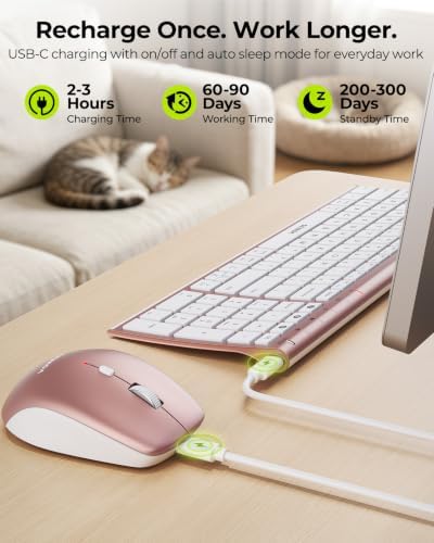 seenda COE401 Bluetooth Keyboard and Mouse Combo, 3-Device, White Rose Gold
