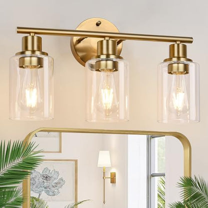 3-Light Gold Bathroom Light Fixtures, Modern Bathroom Vanity Light with Clear Glass Shade, Brushed Gold Bath Wall Mount Lights, Wall Lamp for Mirror Kitchen Bedroom Hallway Living Room Hallway