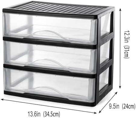 BYCY Medium 3 Drawer Plastic Clear Stacking Desktop Organizer for Office Supplies, Stackable Storage Drawers Storage Bins For Kitchen Cabinets, Pantry, Home Organization (Black, Medium 3Drawer)