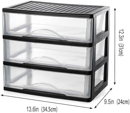 BYCY Medium 3 Drawer Plastic Clear Stacking Desktop Organizer for Office Supplies, Stackable Storage Drawers Storage Bins For Kitchen Cabinets, Pantry, Home Organization (Black, Medium 3Drawer)