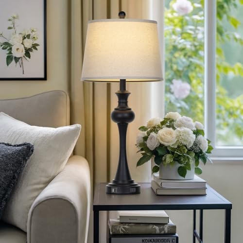 Cinyirong 28.75" Black Modern Table Lamps for Living Room, Bedside Lamp with USB A+C Ports & AC Outlets, 3 Way Dimmable Touch Lamps for Living Room,Nightstand Lamp LED Bulb Included (1Pack