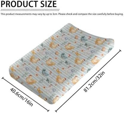 Watercolor Farm Chicken Butterflies Flowers Floral Stripes Baby Changing Pad Cover, Unisex Chicken Nursery Diaper Changing Table Pad Mat Sheet for Boys Girls-16x32