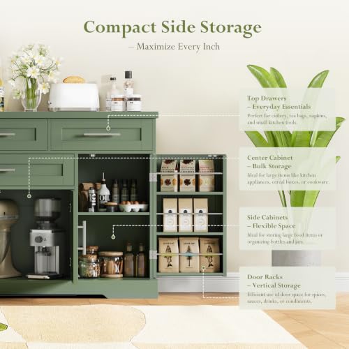 54" Sideboard Cabinet, Kitchen Buffet Cabinet with Storage, Olive Green