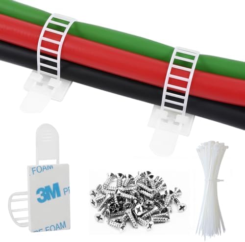 50Pcs Adhesive Cable Management Clips with 50Pcs Zip Ties, Adjustable Nylon Cable Strap Ties Wire Clips Clamps Organizer, Extra Screw & Hole - 3.35 Inch White