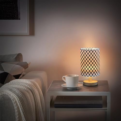 Bedside Lamp Black White Checkered Pattern Table Lamp for Bedroom LED Nightstand Lamp Shade USB Ports Wood Base for Living Room Dorm Office