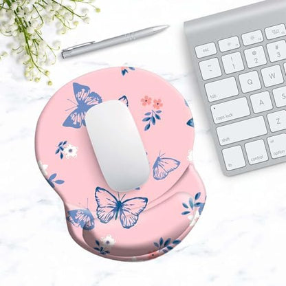 Ergonomic Wrist Support Mouse Pad - Comfortable Computer Mouse Pad with Non-Slip PU Base for Home Office Working Gaming (Blue Butterfly on Pink)