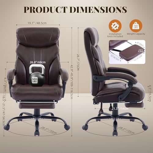 Big and Tall Office Chairs with Foot Rest,500LBS Wide Ergonomic Gaming Chair,100-135°Recline Executive Leather Computer Chairs with Adjustable Height,Coffee