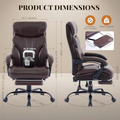 Big and Tall Office Chairs with Foot Rest,500LBS Wide Ergonomic Gaming Chair,100-135°Recline Executive Leather Computer Chairs with Adjustable Height,Coffee