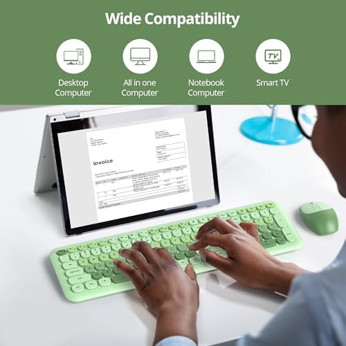 surmen Cute Green Keyboard and Mouse Wireless, Full-Size Retro Typewriter Wireless Silent Colorful Keyboard Low-Noise 2.4GHz for Home and Office（Light Green）