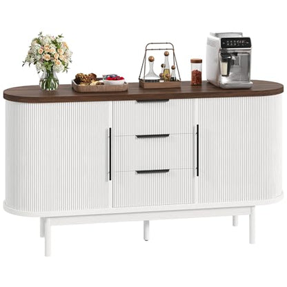 Fluted Sideboard Buffet Cabinet with Storage, White & Brown