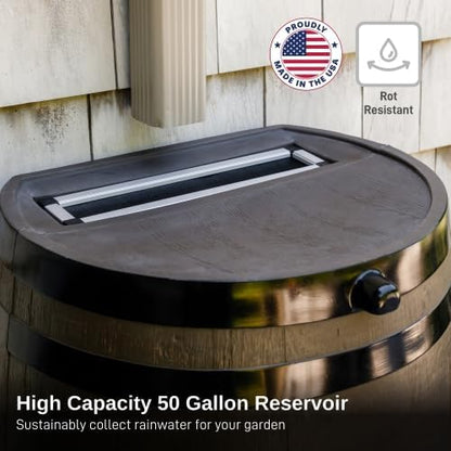 RTS Home Accents 50-Gallon Rain Barrel, Flat Back Rain Water Collection Barrel, Stand Included, Woodgrain with Black Stripes