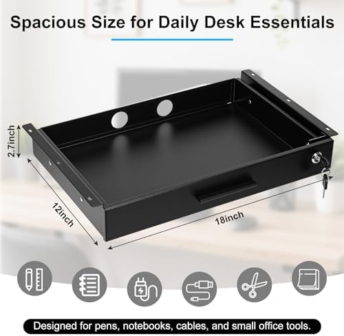 Menkxi 18'' x 12'' Under Desk Drawer Slide Out Storage Organizer, Lockable Metal Desk Drawer for Laptop and Office Accessories, Large Hidden Under Table Storage Box with Cable Management, Black