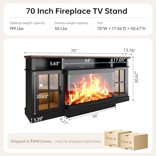 70" Fireplace TV Stand,3-Sided Glass Electric Fireplace, Black