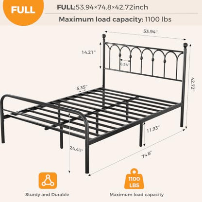 Full Metal Bed Frame with Headboard, 11.9" Storage, Black