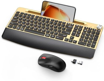 GAMCATZ Ergonomic Wireless Keyboard and Mouse with Wrist Rest，Phone Holder - 2.4GHz Full-Sized Low-Profile Quiet Gold Wireless Mouse and Keyboard Combo for Computer, Laptop, PC, Mac-Gold