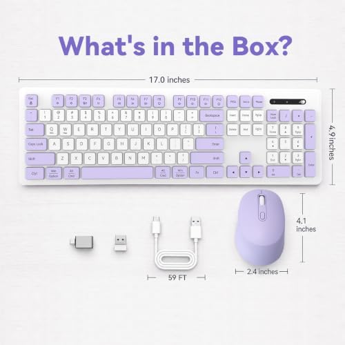 Purple Keyboard and Mouse Wireless, 2.4G Rechargeable for Home and Office